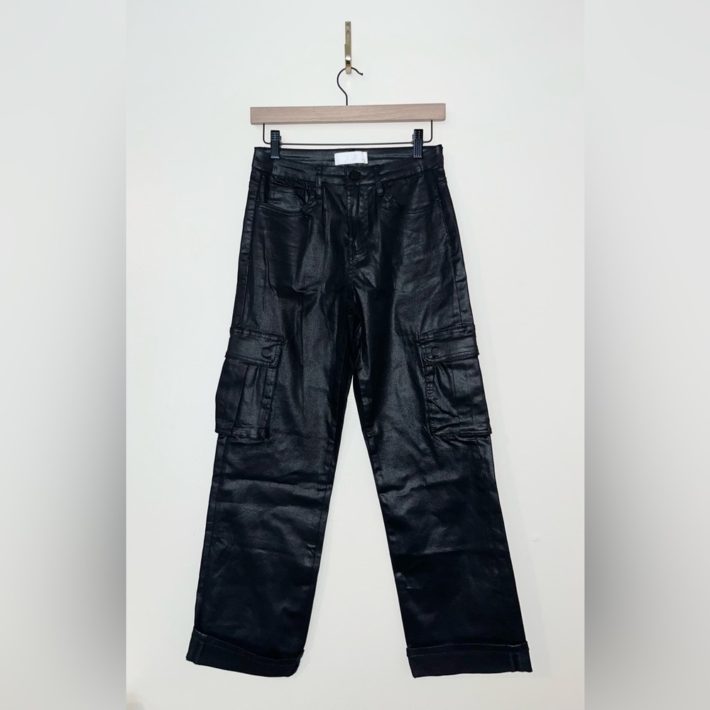 VERVET High Rise Coated Cargo Straight Jeans Black Pants Women's | 27